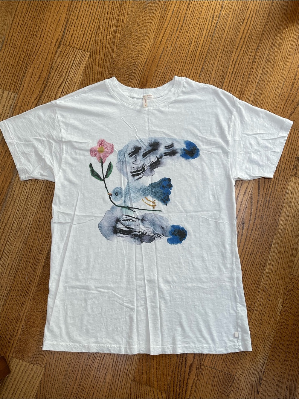 LyreBird White Oversized Short-Sleeve Sleep Tee with Bird Graphic Size S